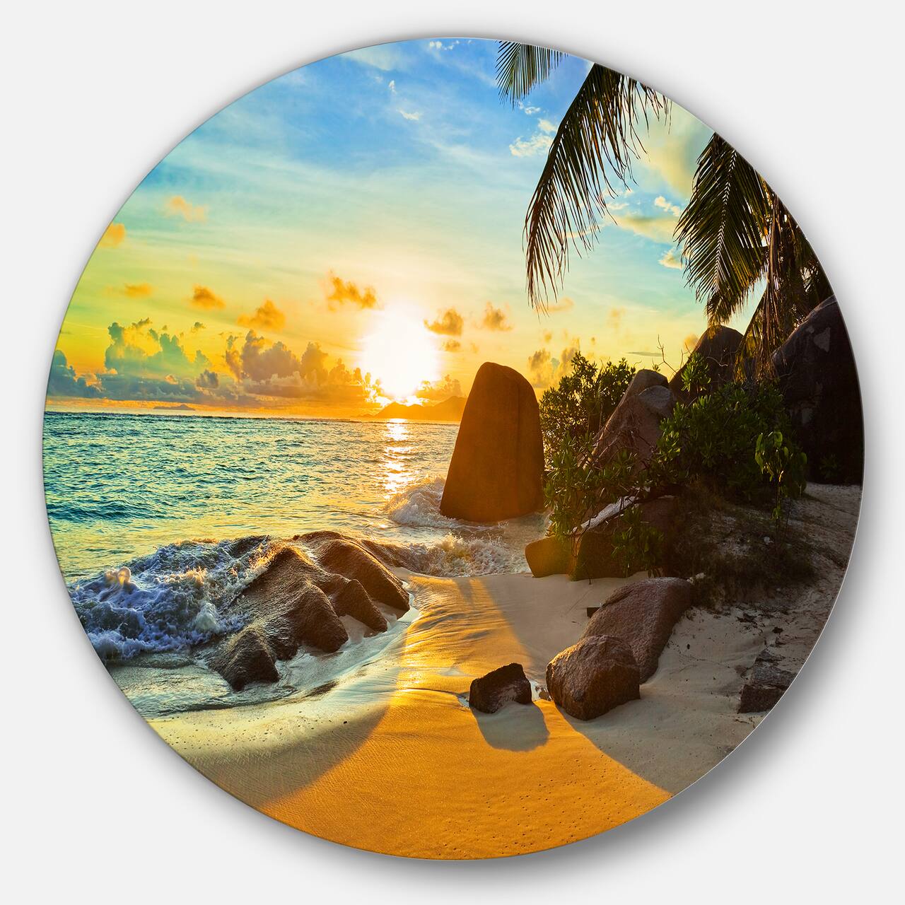 Designart - Sunset in Tropical Beach' Disc Landscape Photography Circle Metal Wall Art